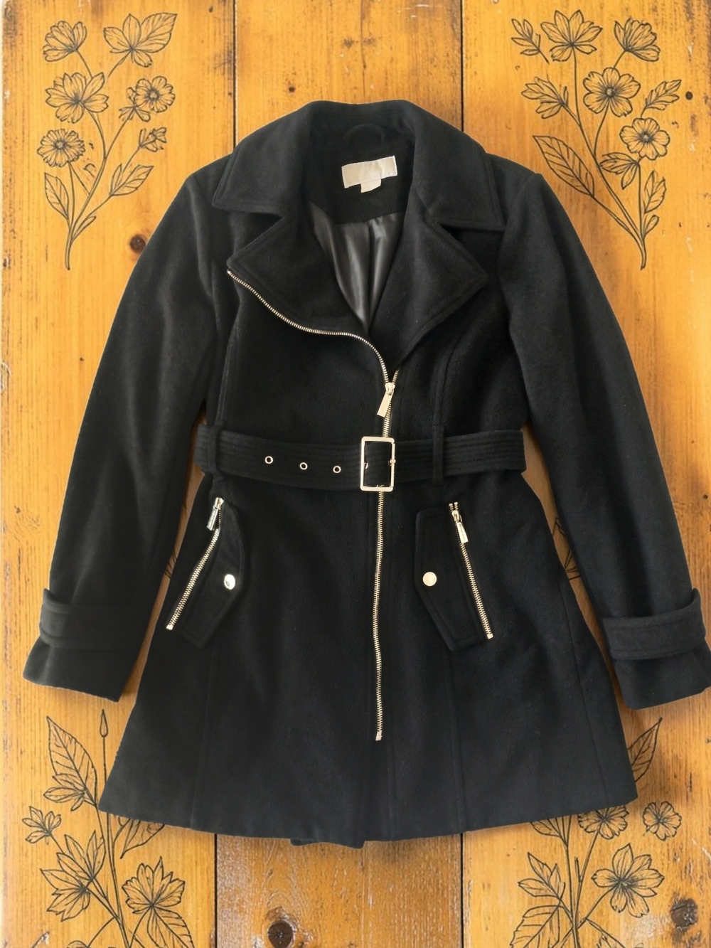 Michael Kors Wool Blend Black Belted Coat Gold Tone Hardware